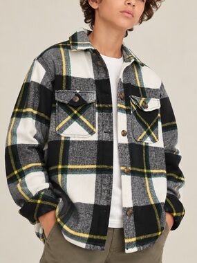 H&M Kids Plaid Shacket Overshirt Jacket 10-11Y 146 Black White Yellow
